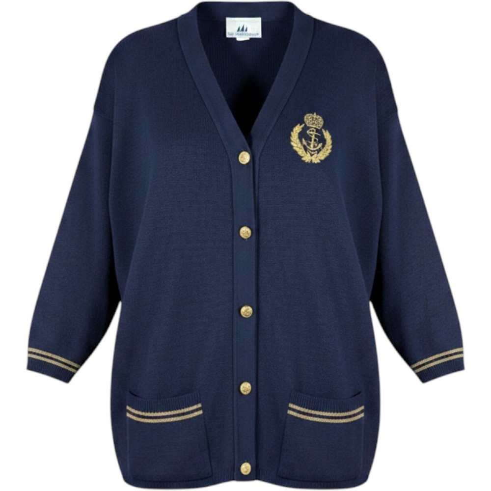 Vintage Bay Point Threads Cardigan Women M Navy Nautical Anchor Gold Button USA